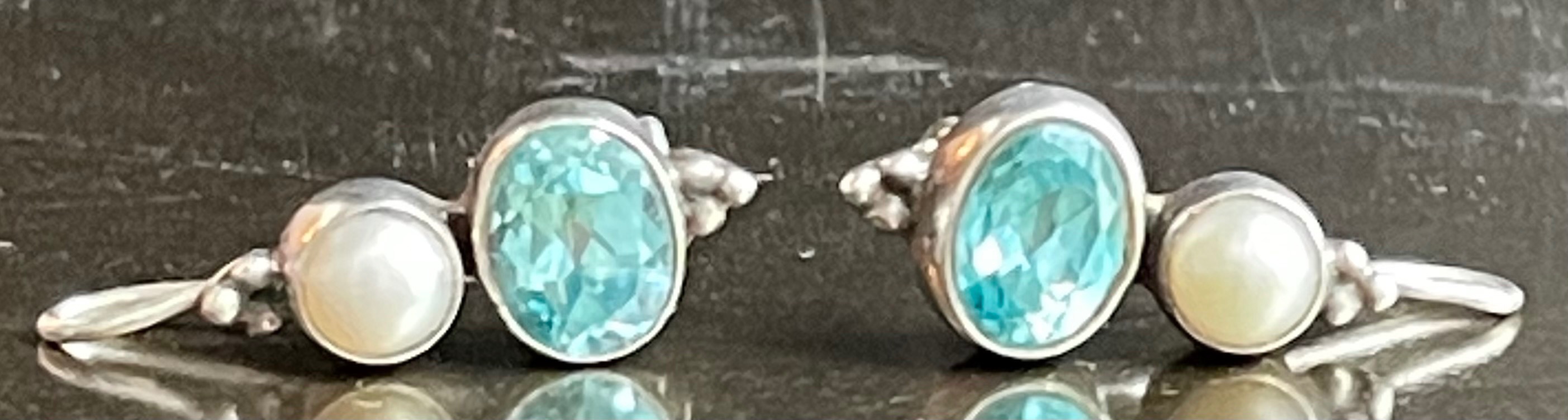 Vivid Sterling Silver "Caribbean Blue" Topaz & Pearl Earrings