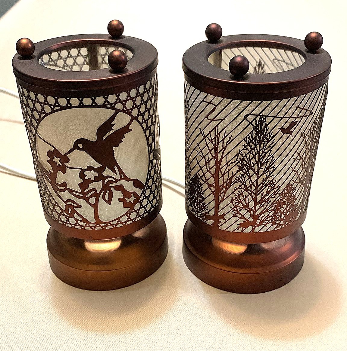 Pair of Bronze Wax Warmers Hummingbird Forest