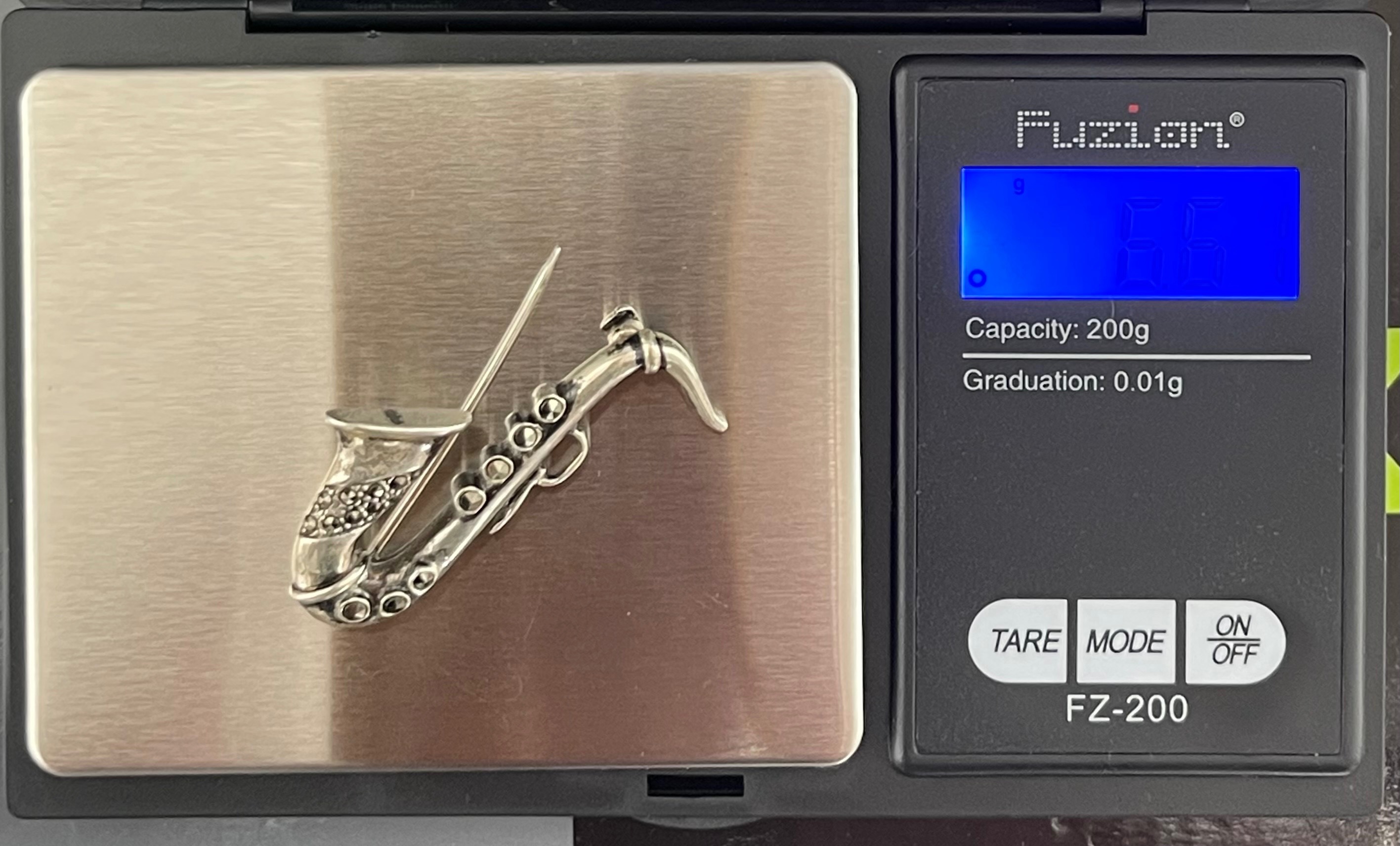 Vintage Sterling Silver Saxophone Brooch - Marcasite Accents - photo 5