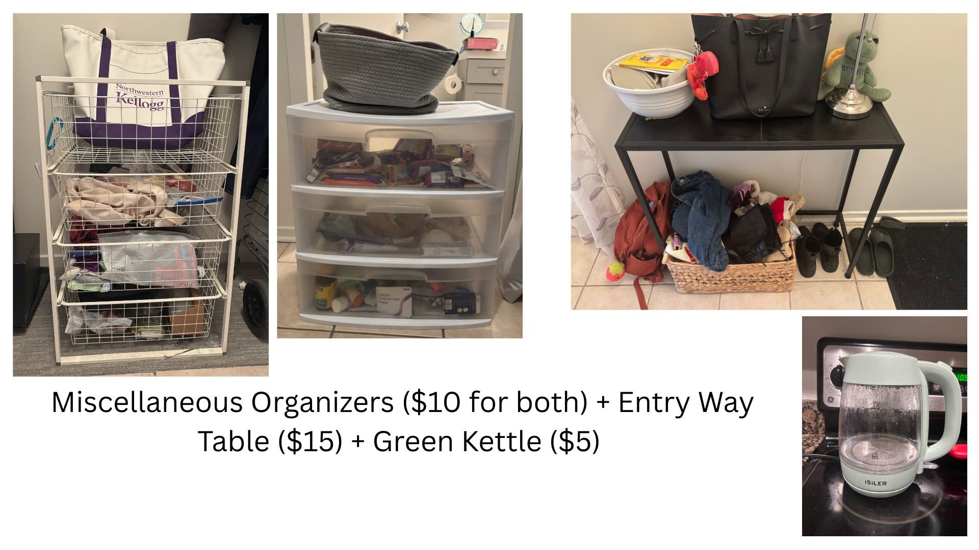 Organizer Bins, Entryway Table, Kettle