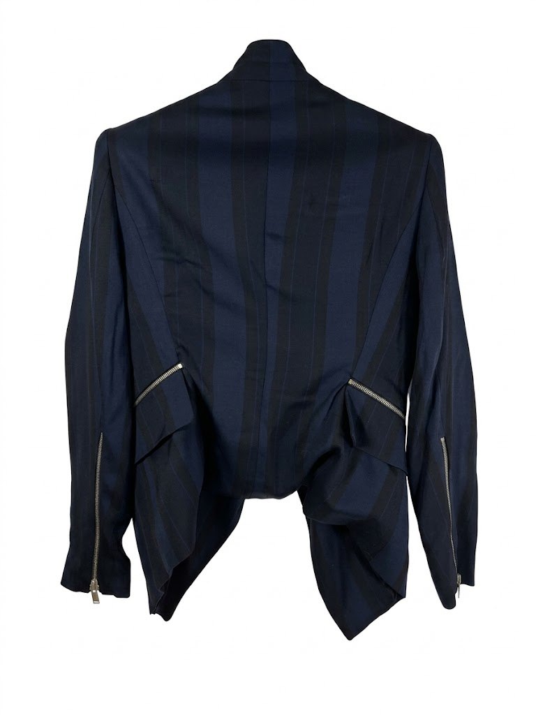 ZARA BASIC Navy Black Striped Asymmetric Blazer Jacket Zip - photo 5