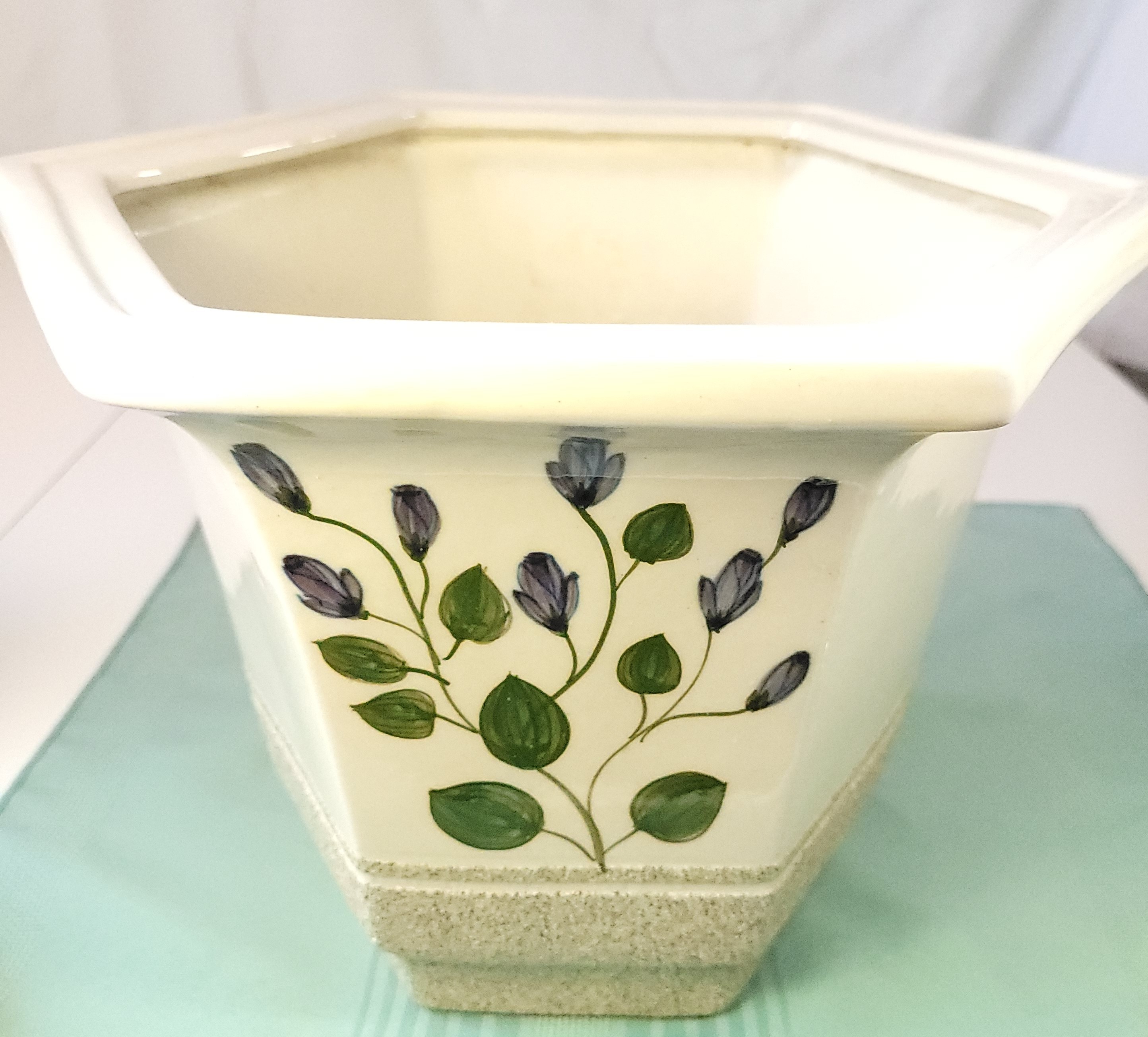 Large 11.5" Hexagonal Ceramic Planter Purple Floral 1980s Heavy - photo 2