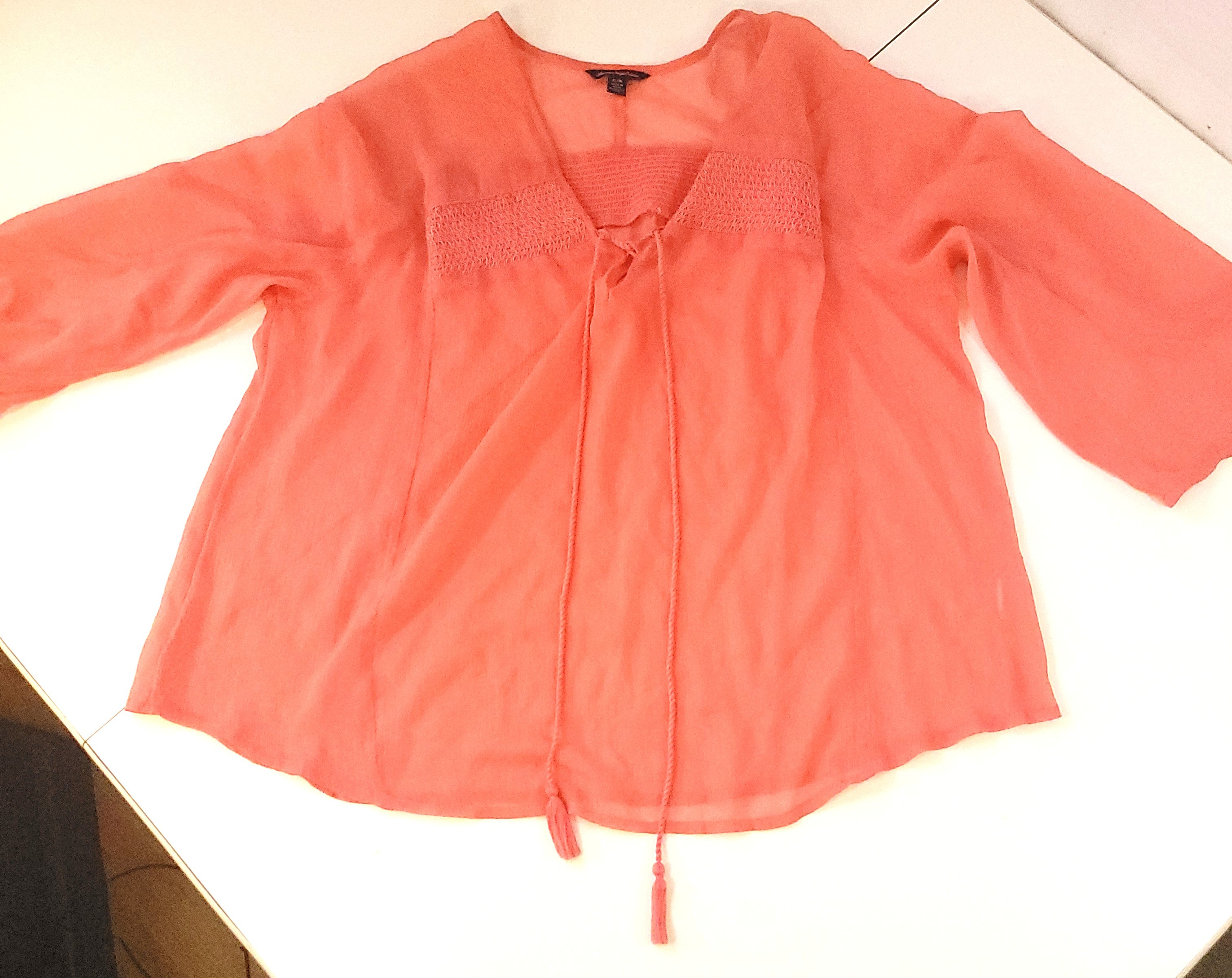 AMERICAN EAGLE Coral Pink Sheer Peasant Blouse XL Crochet Tassel - photo 3