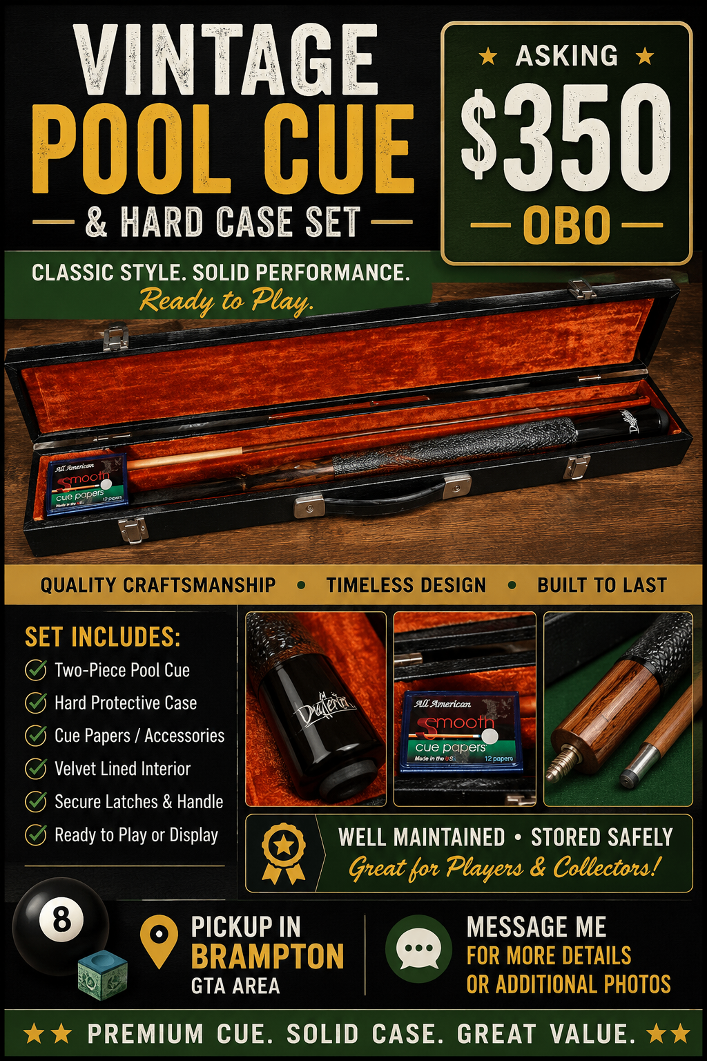 Vintage Pool Cue & Hard Case Set – $350 OBO