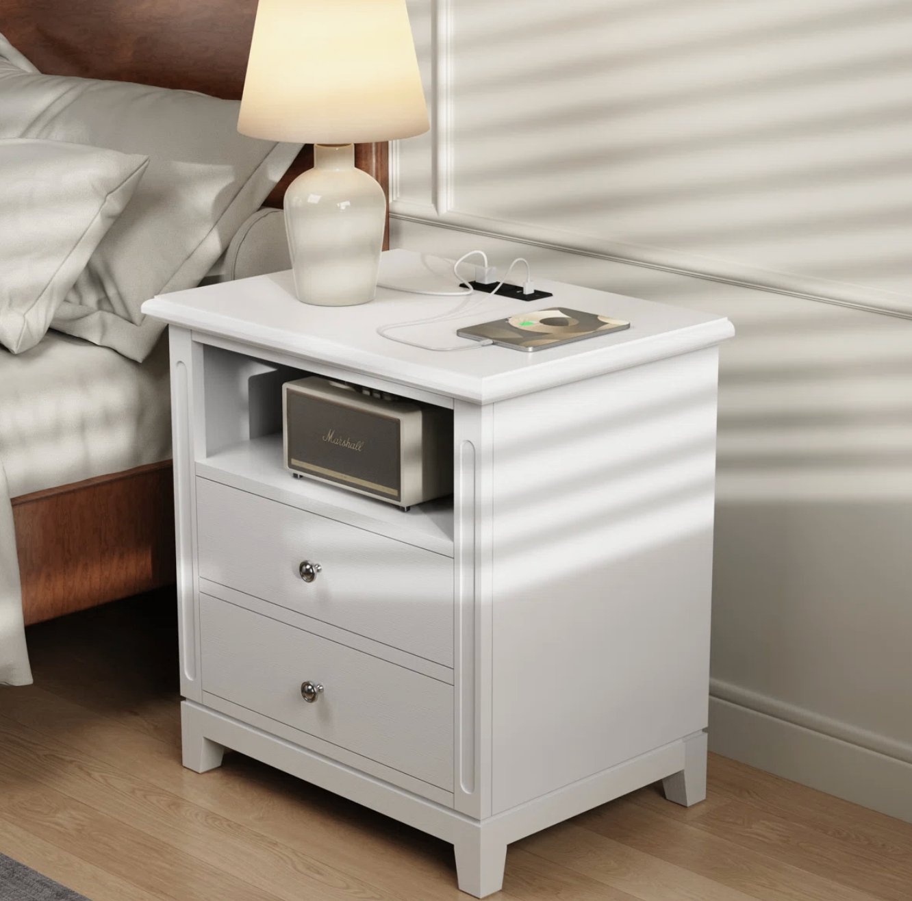 2 Drawers Solid Wood Construction Nightstand