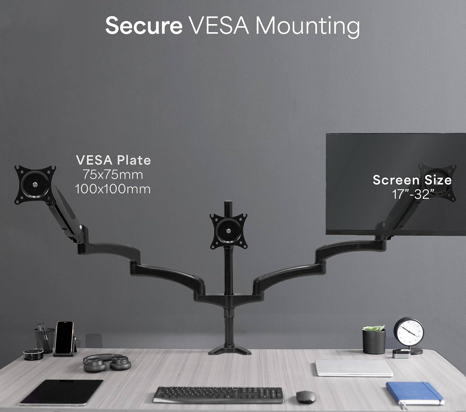 New VIVO Black Triple Monitor Mount, 2 Pneumatic Arms 1 Fixed - photo 4