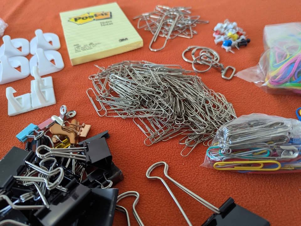 Clips, mounting hooks, felt pads, paperclips, safety pins etc