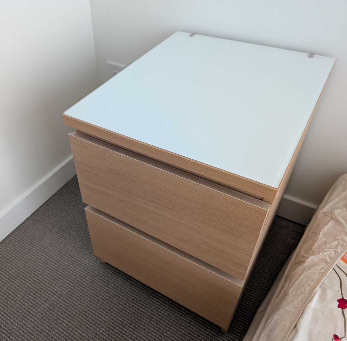 IKEA nightstand with glass top and 2x drawers