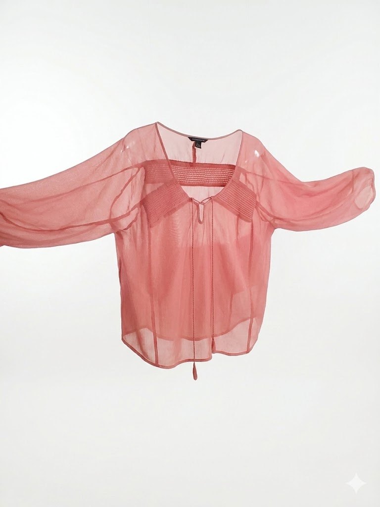 AMERICAN EAGLE Coral Pink Sheer Peasant Blouse XL Crochet Tassel - photo 2