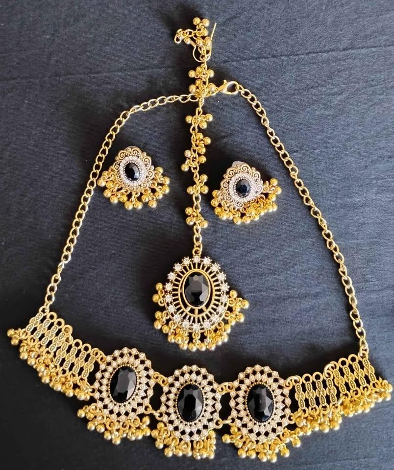 Golden and Black Necklace and Earrings Set