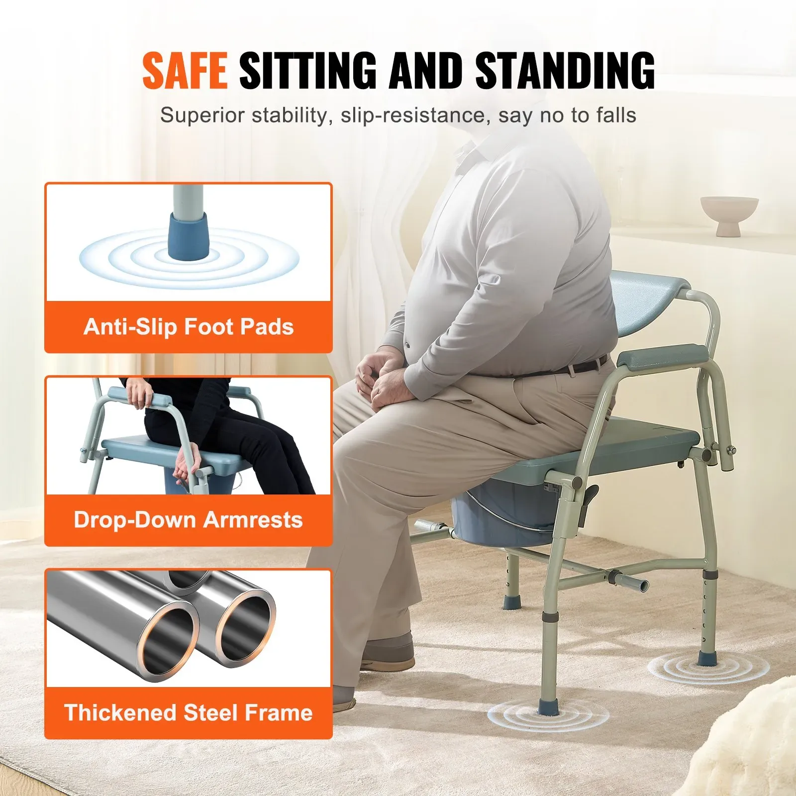 VEVOR Commode Chair, Bedside Commode with Drop-Down Arms and Det - photo 2