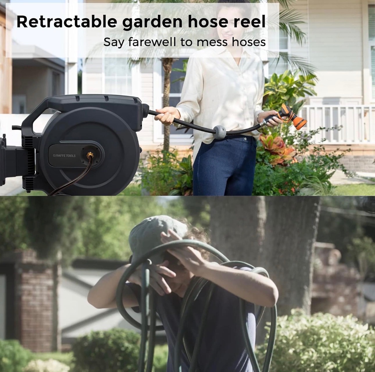 NEW: Giraffe Tools Garden Hose 120ft Retractable Wall Mounted