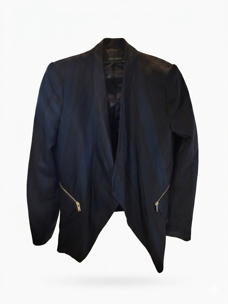 ZARA BASIC Navy Black Striped Asymmetric Blazer Jacket Zip