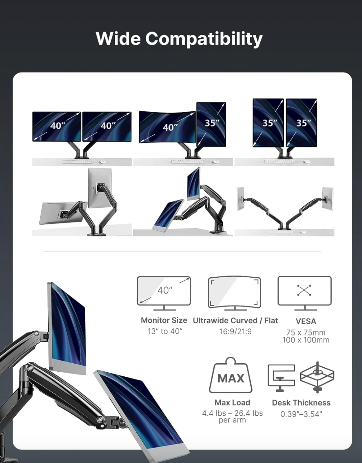 🖥️ HUANUO Dual Monitor Arm/Heavy Duty Gas Spring Mount(Open Box) - photo 4