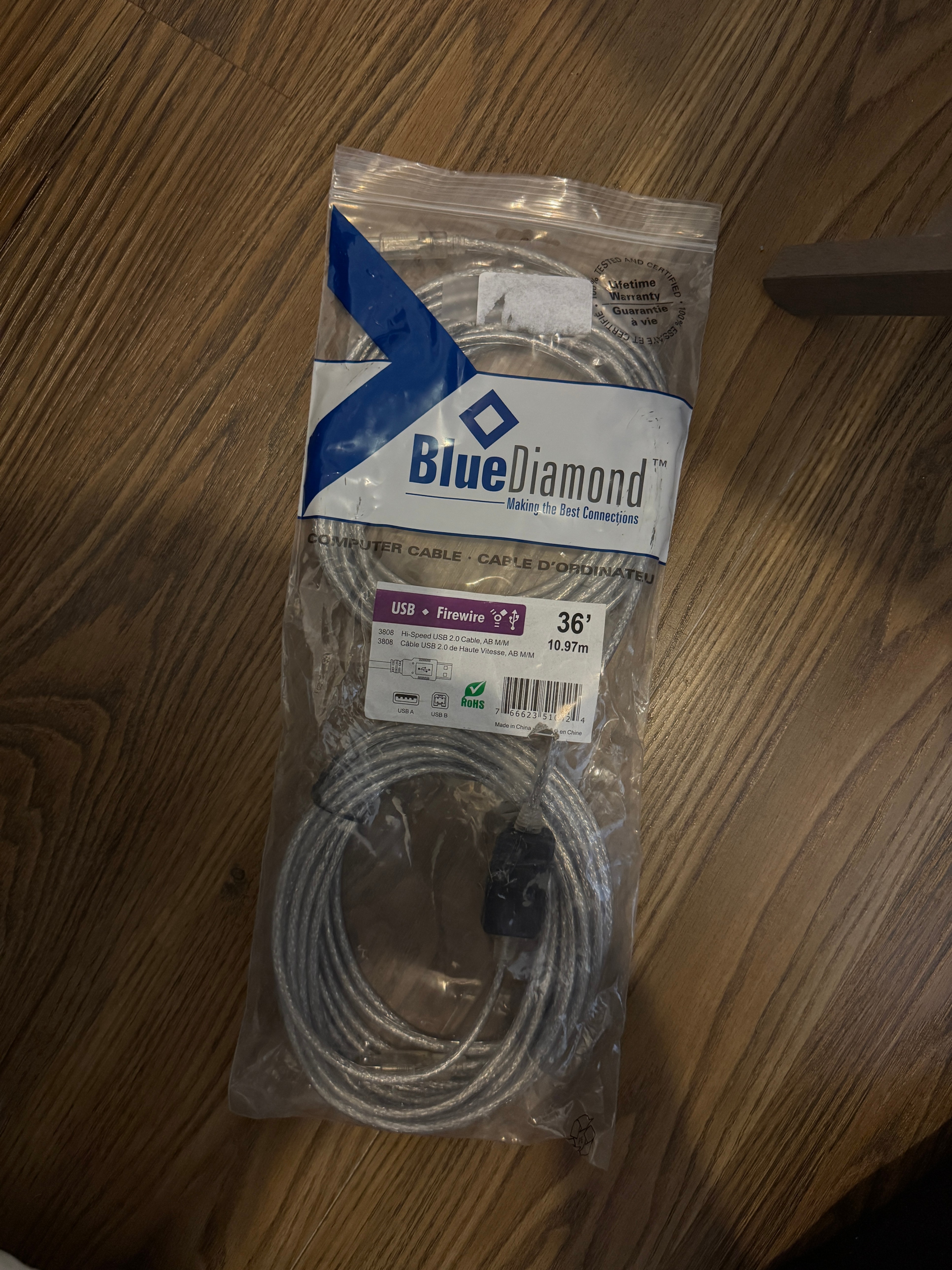 BlueDiamond 36ft USB 2.0 Printer Cable – New Sealed