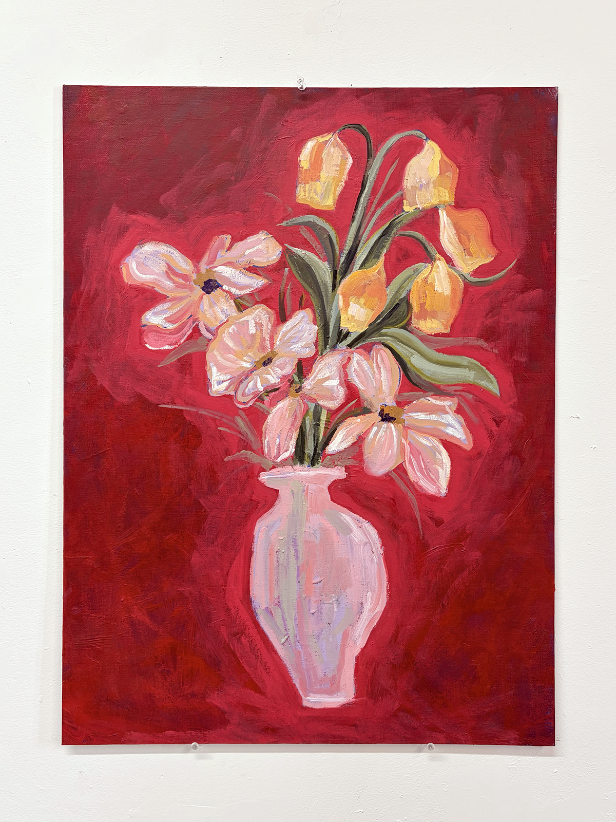 Still Life in Red / Flower Vase Original Oil Painting - photo 2