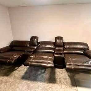 Brown Leather Reclining 3-Seat Sofa with Consoles - photo 3