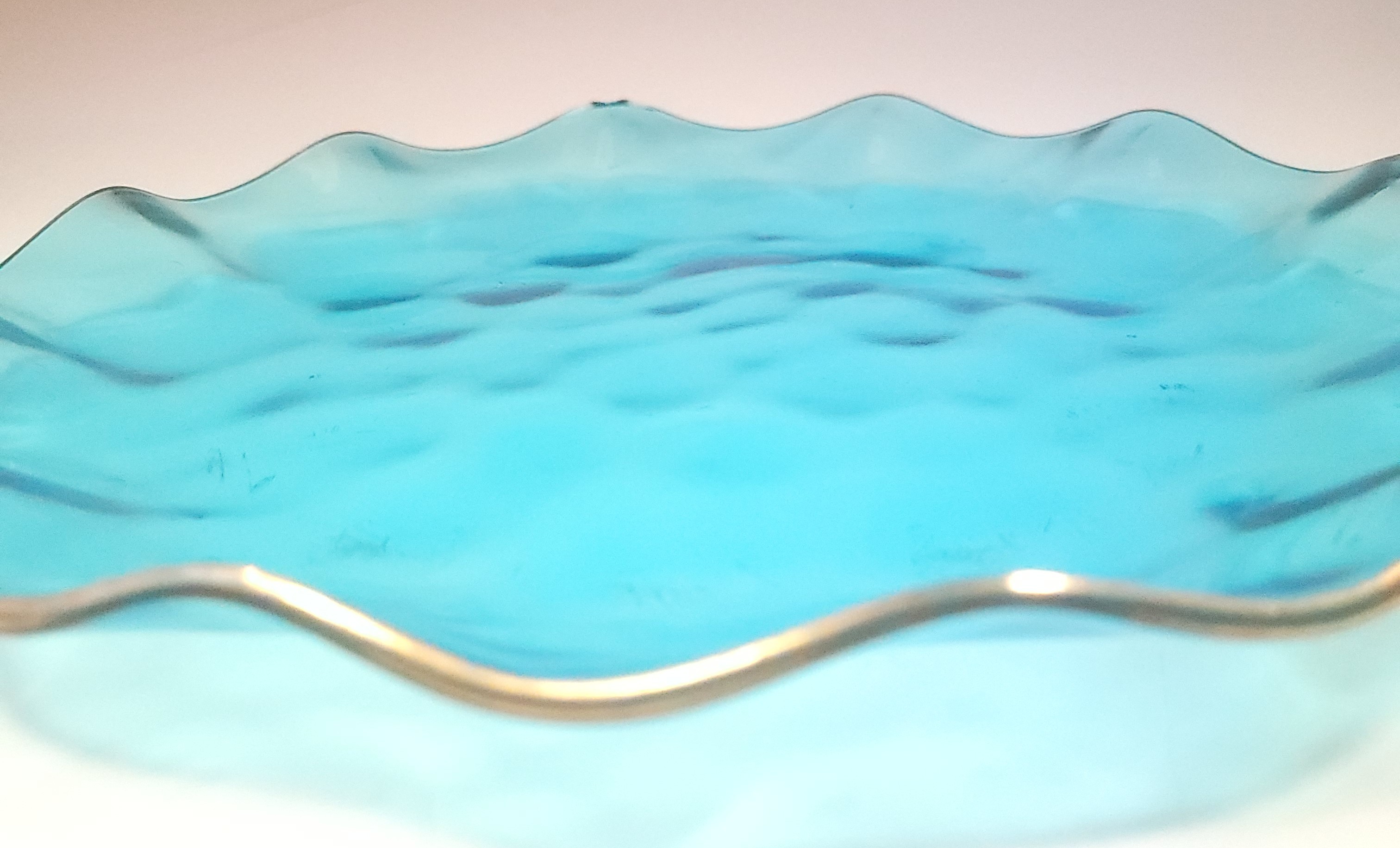 1958 Italian Art Glass Plate Aqua Blue Gold Leaf Ruffled Edge - photo 2