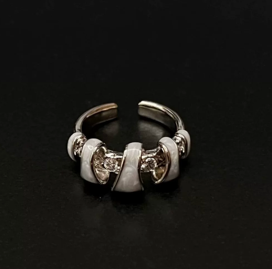 Silver and White Enamel Ring with Accent Stones