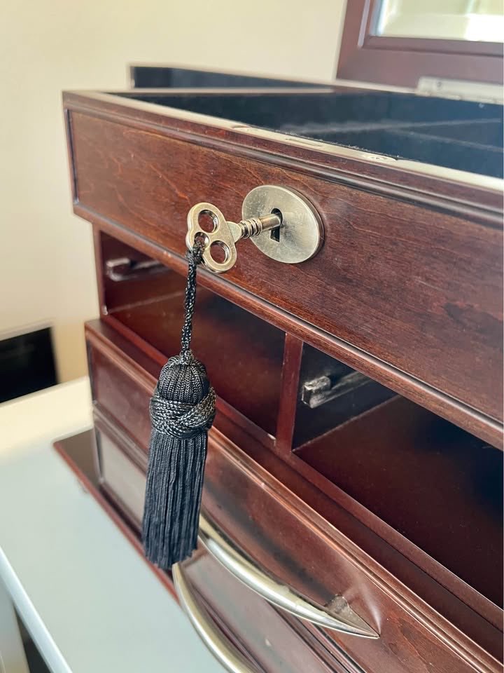 Large Wooden Jewelry Chest with Mirror & Locking Key