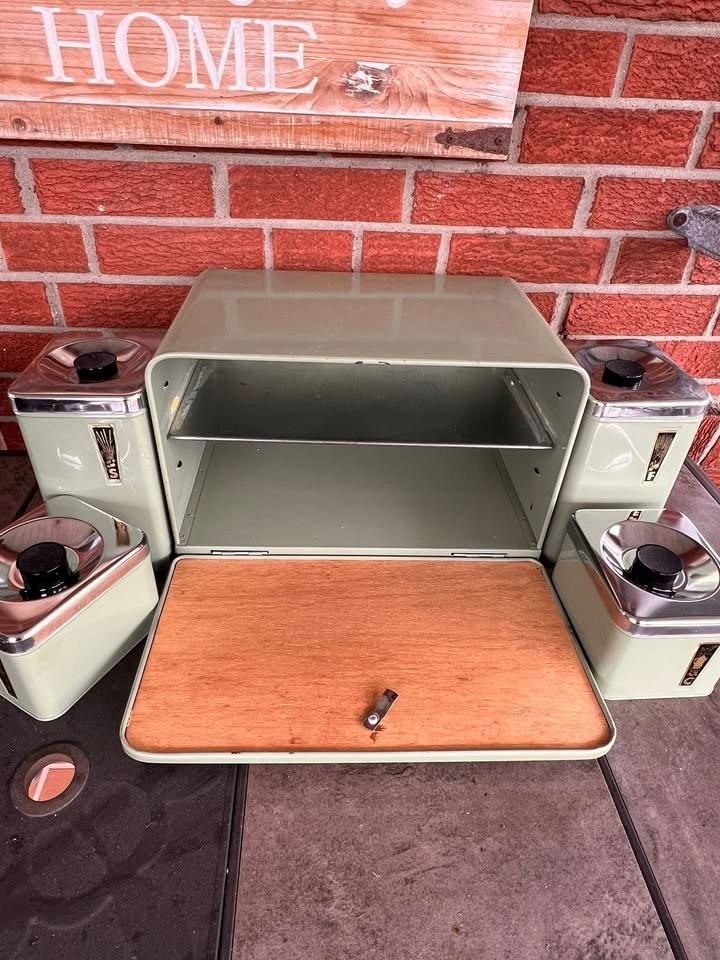 1960's Set of 9 Pieces-Green Steel Bread Box With Tea Coffee - photo 3