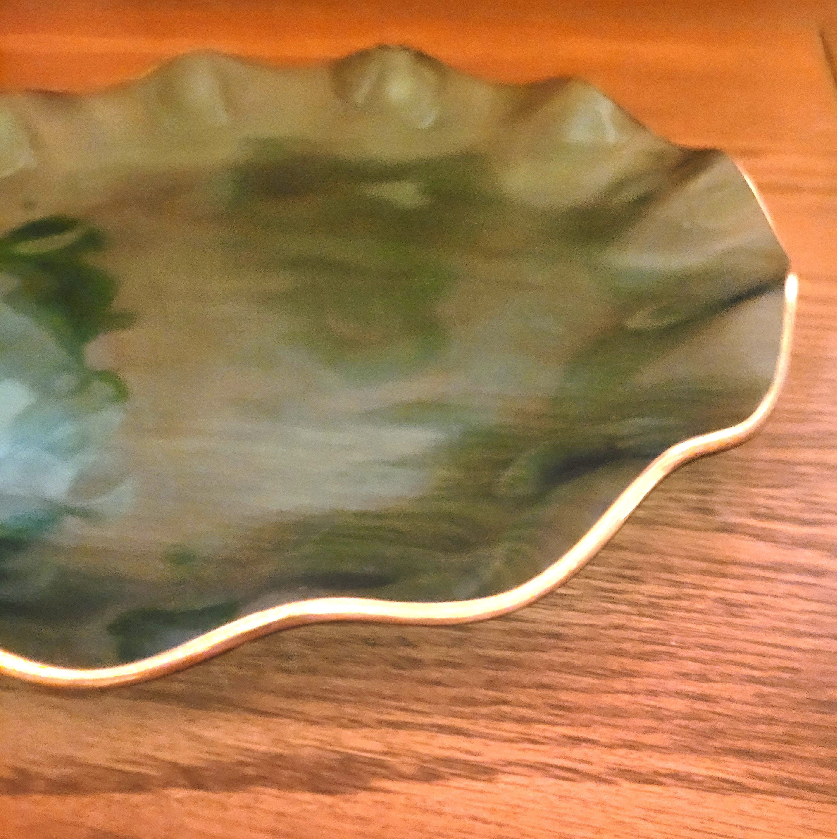 1958 Italian Art Glass Plate Aqua Blue Gold Leaf Ruffled Edge - photo 4