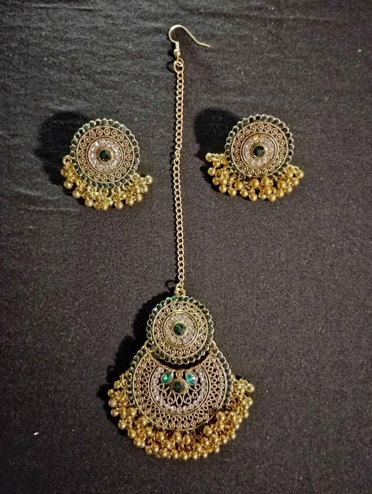 Green Maang Tikka and Earrings Set