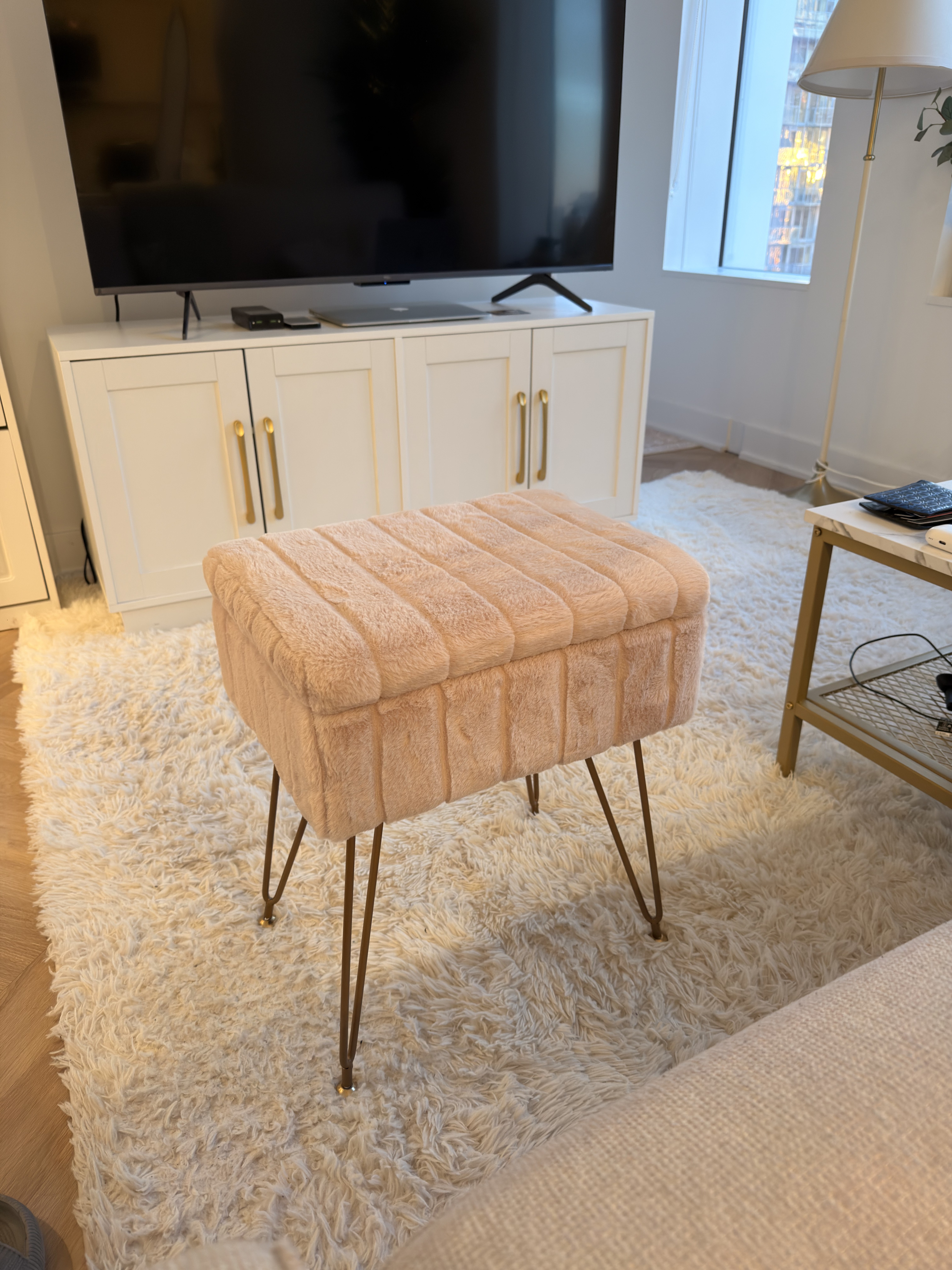 ✨ Luxury Faux Fur Vanity Stool with Storage – Camel Color ✨
