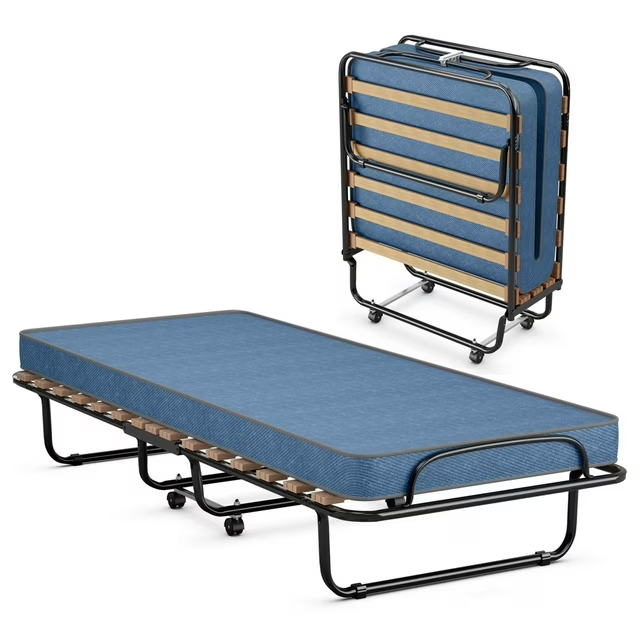 Folding Bed Rollaway Metal Guest Bed with Memory Foam Mattress