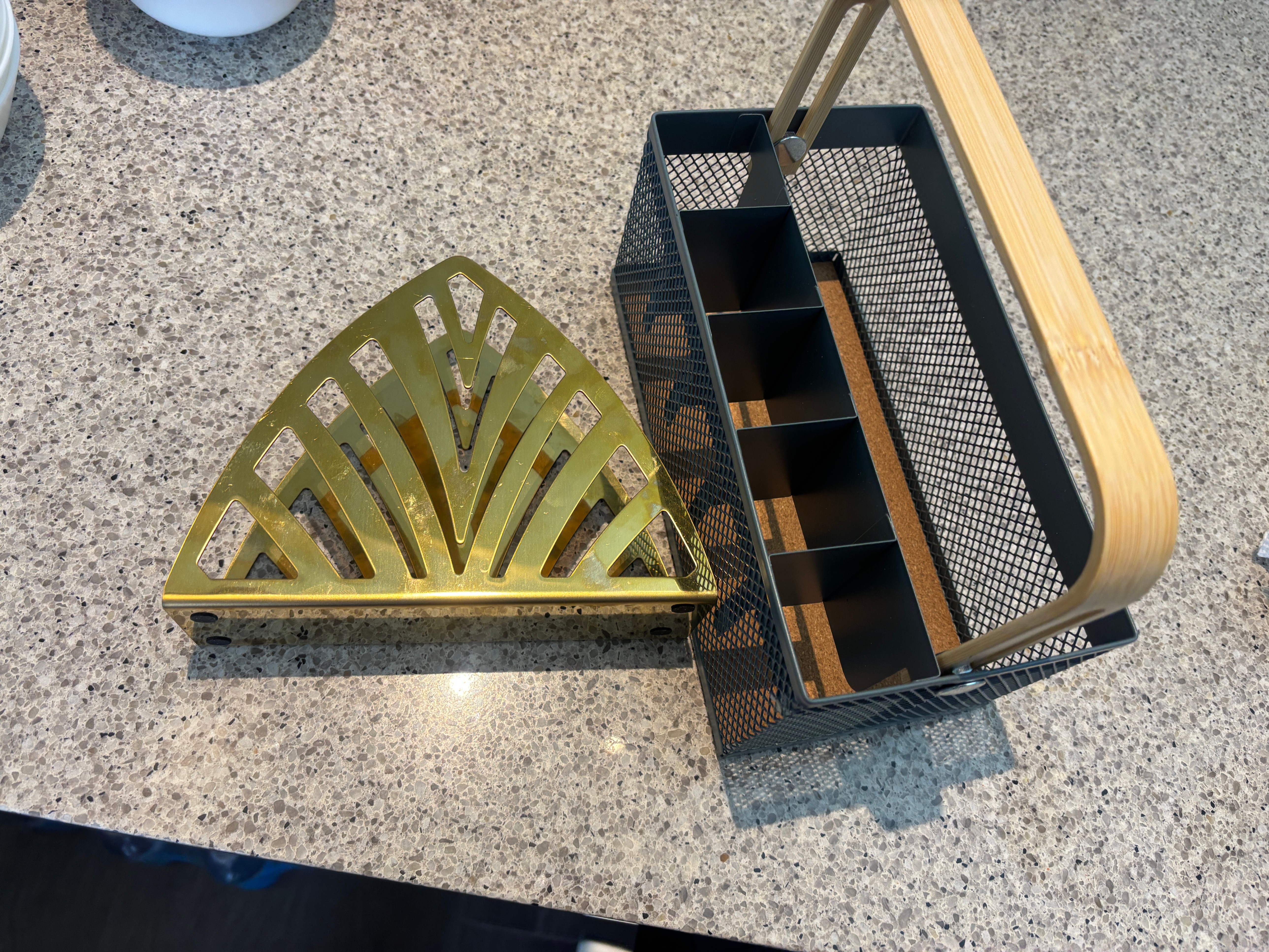 Gold Art Deco Napkin Holder & Mesh Utensil Caddy - Like New!