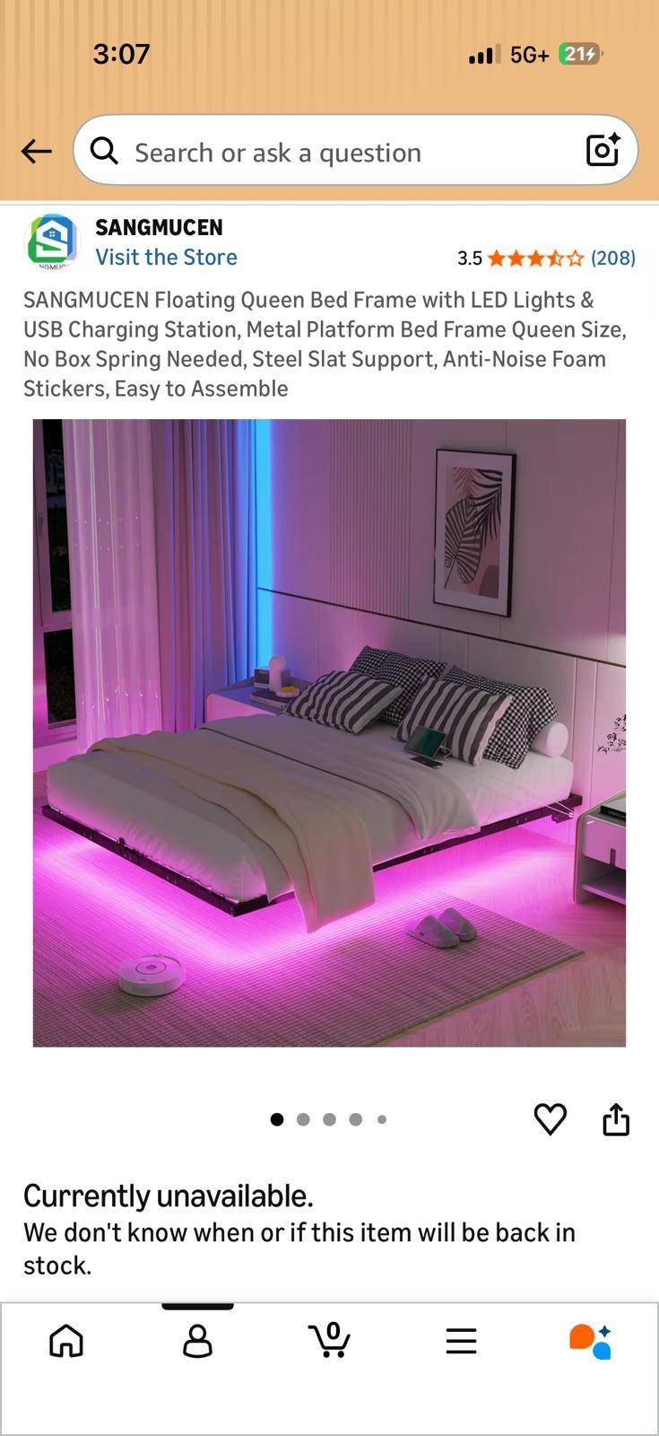 Floating Queen Bed Frame with LED Lights & USB ports