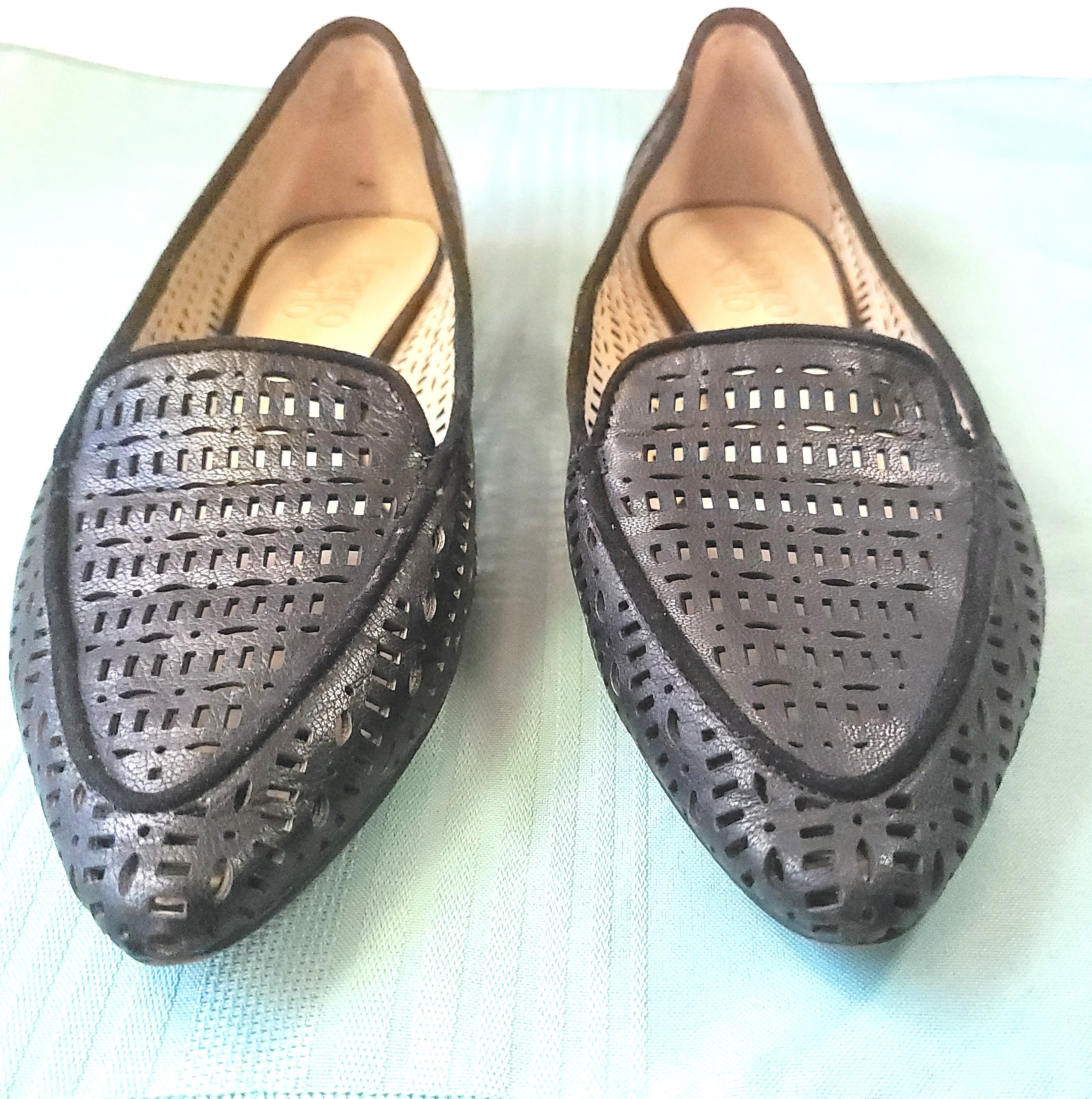Franco Sarto Black Perforated Leather Pointed Toe Slip On Flats