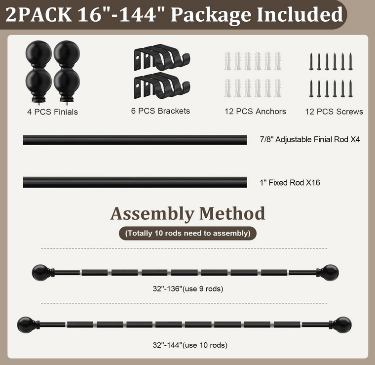 Heavy Duty Black Curtain Rods 72–144” – New - photo 3