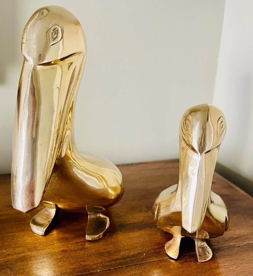 Polished Solid Brass Pelican Sculptures – Mid Century Pair