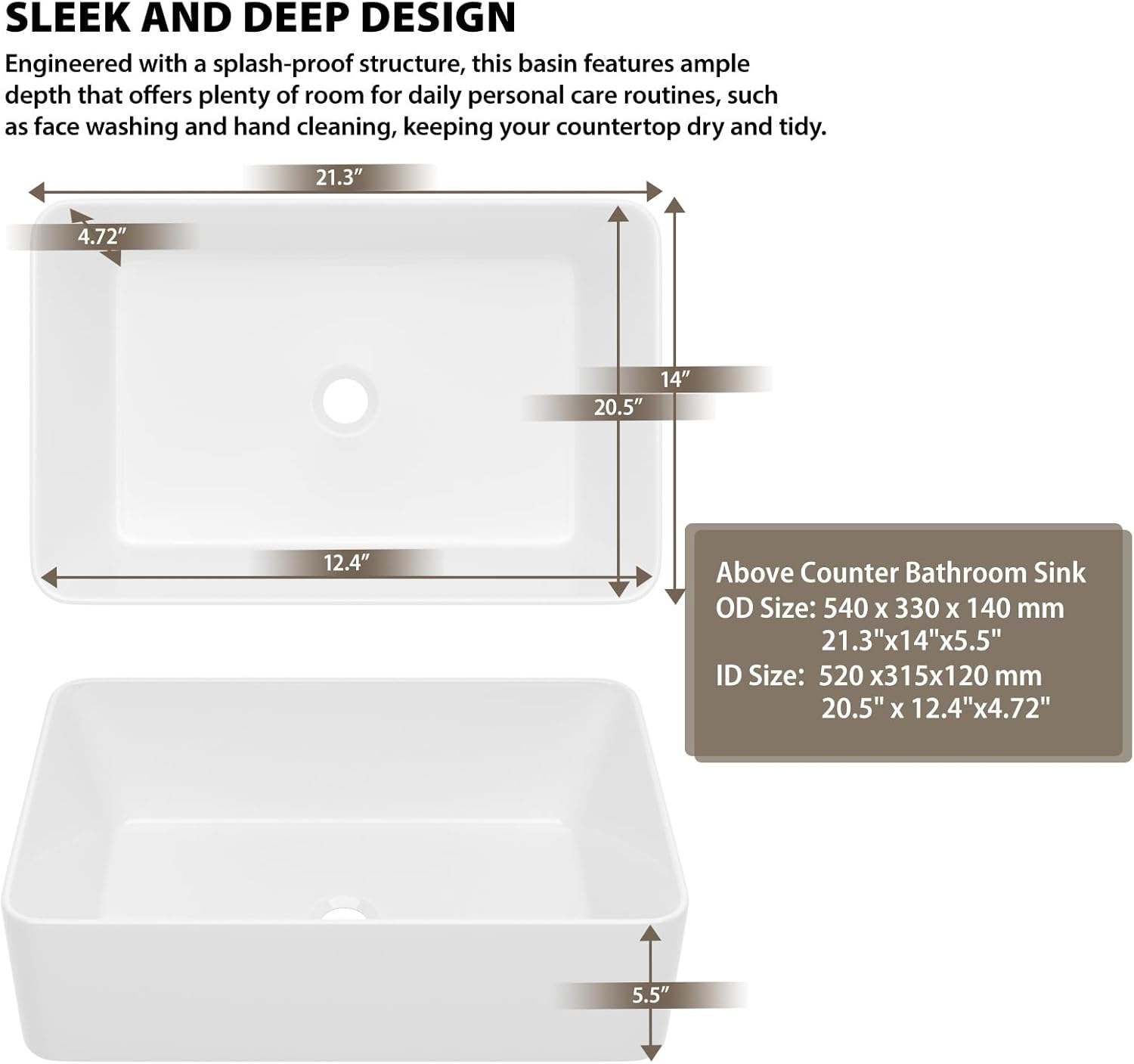 Bathroom Vessel Sink Rectangular 21"X14" - photo 4