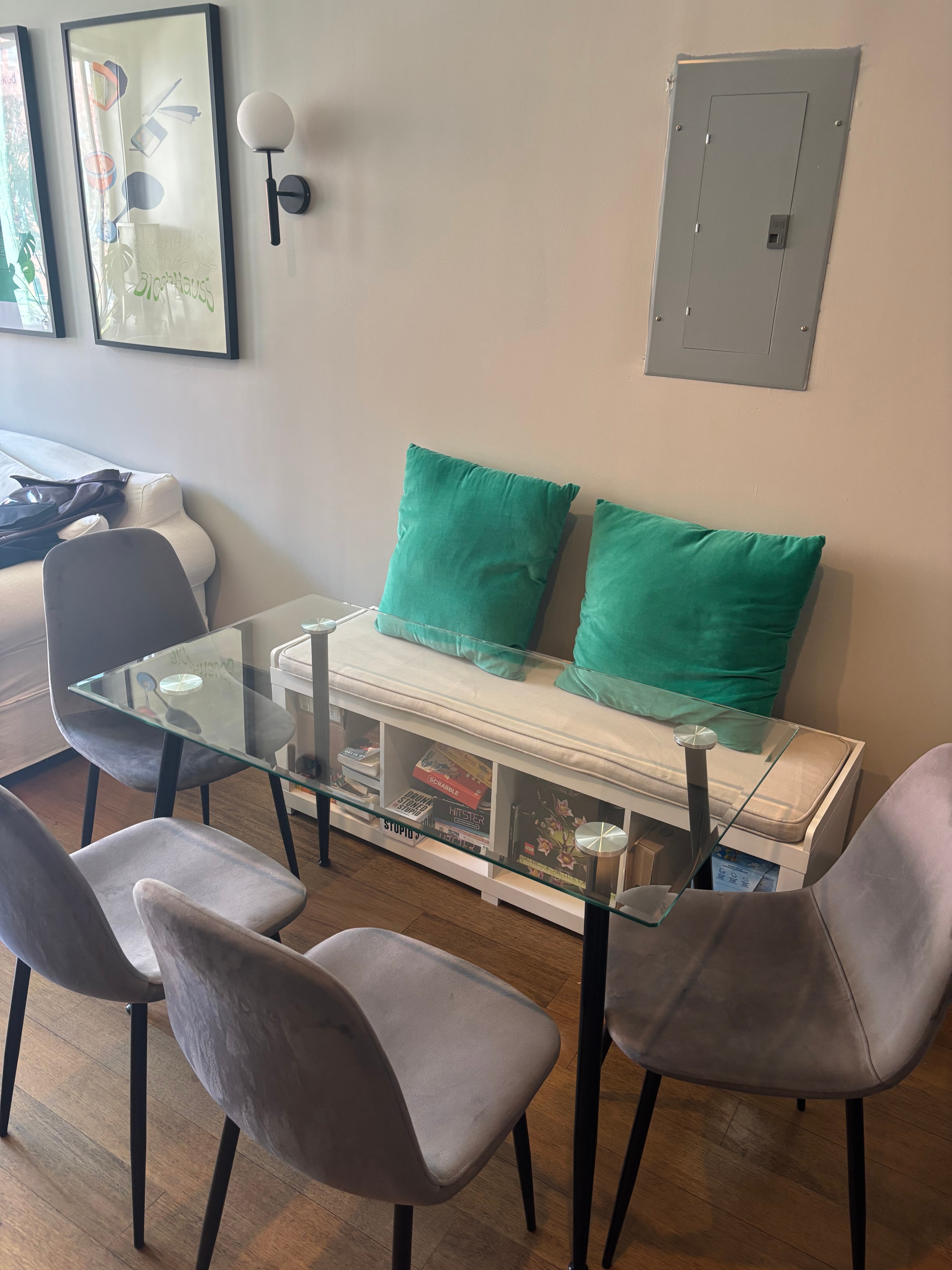 Glass Dining Table with 4 Gray Velvet Chairs