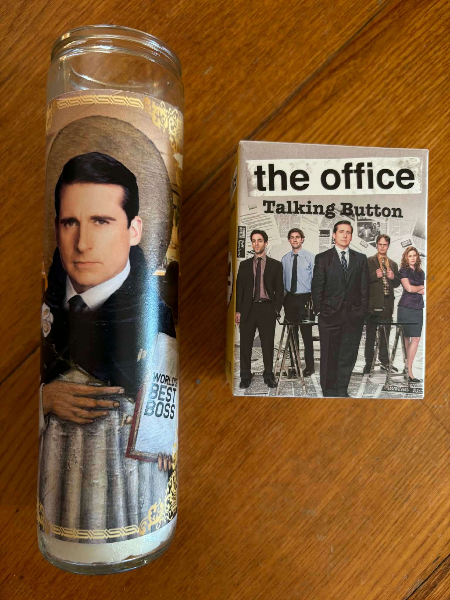 Tall unused candle and fun button from The Office