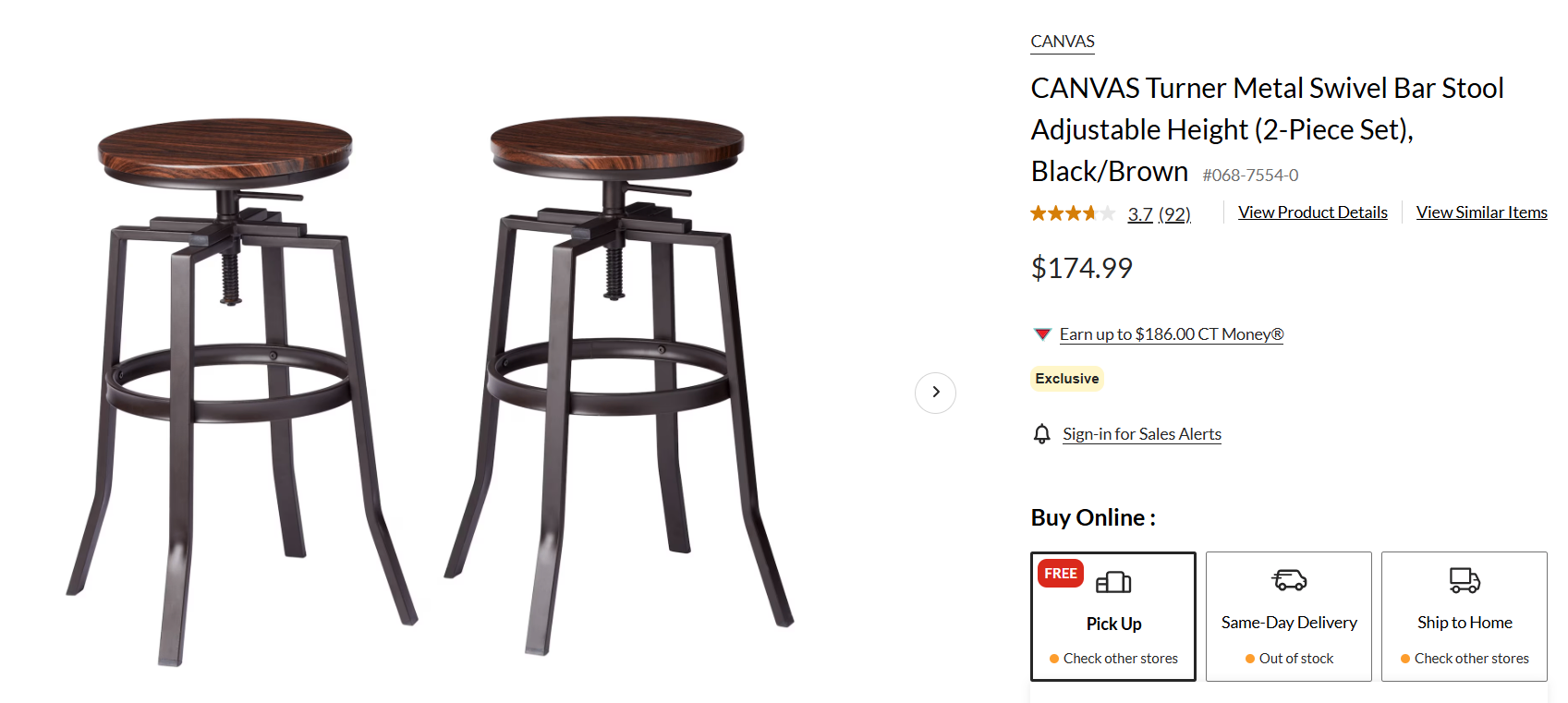 CANVAS Metal Swivel Bar Stool Adjustable Height