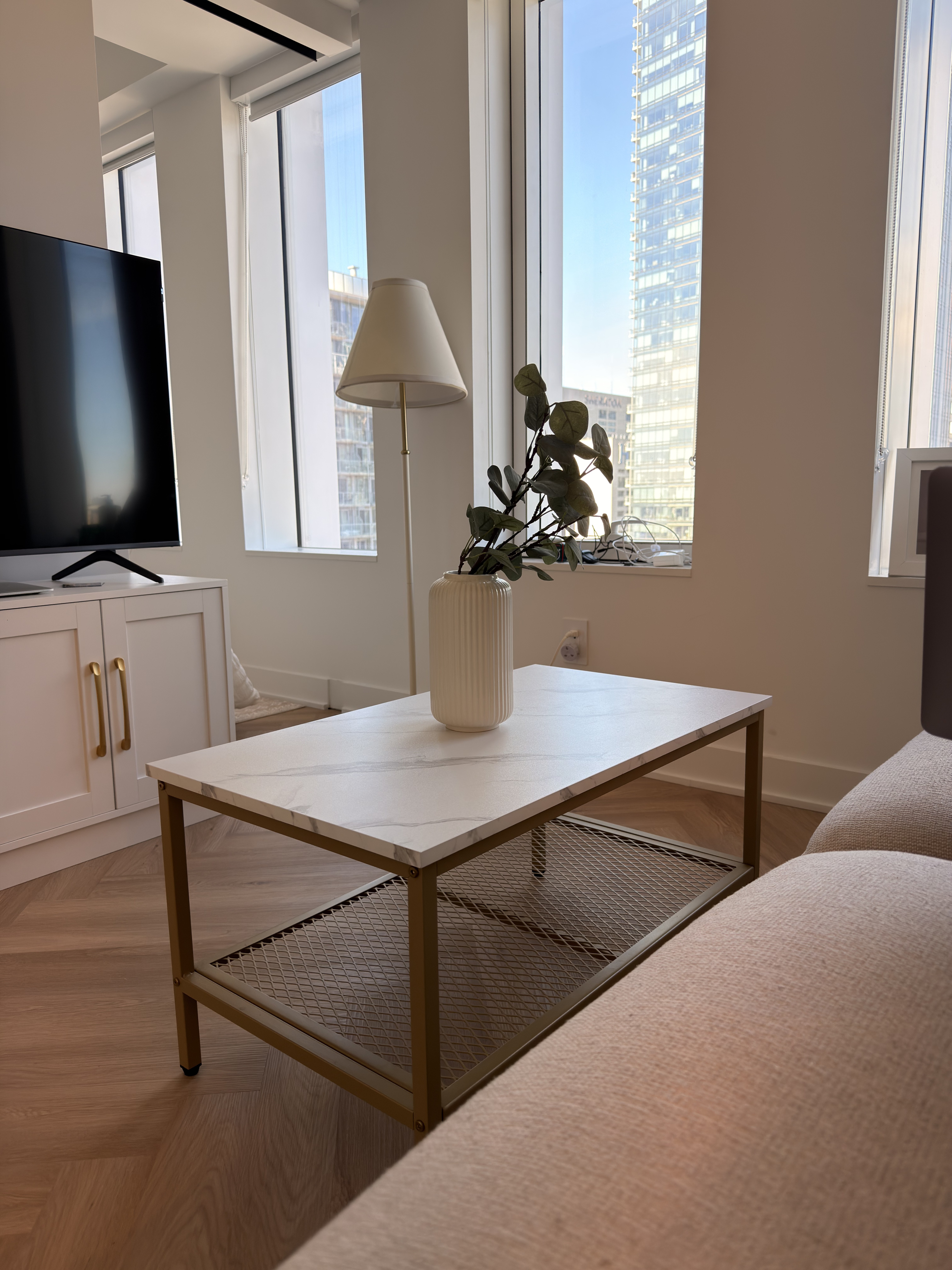 Modern White Faux Marble Coffee/Centre Table with Gold Frame