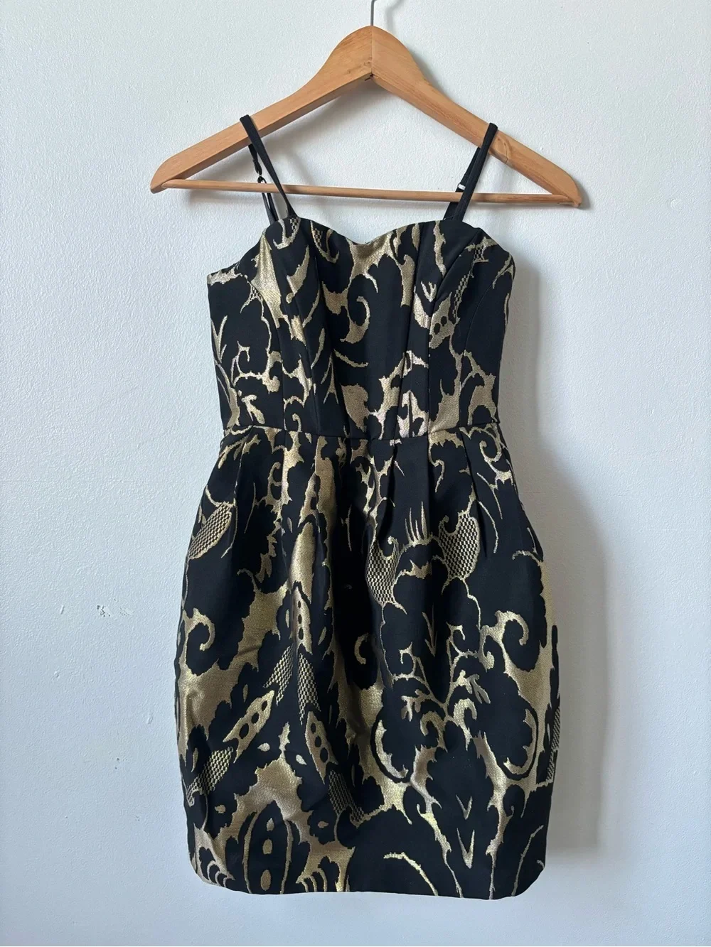 H&M Strap Mini Dress in Black and Gold Jacquard