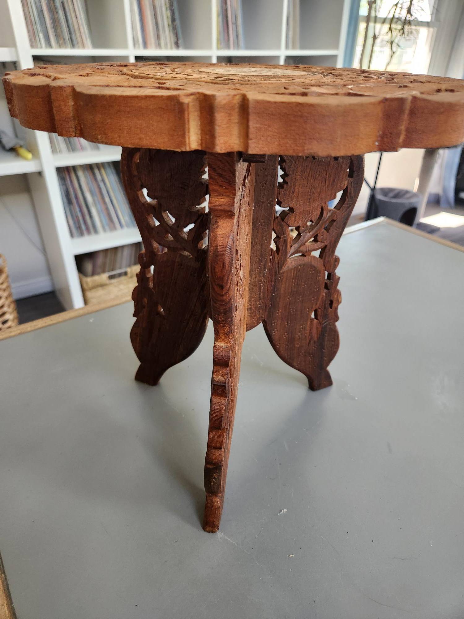 Vintage Indian Hand-Carved Teak Wood Folding Side Table - photo 2
