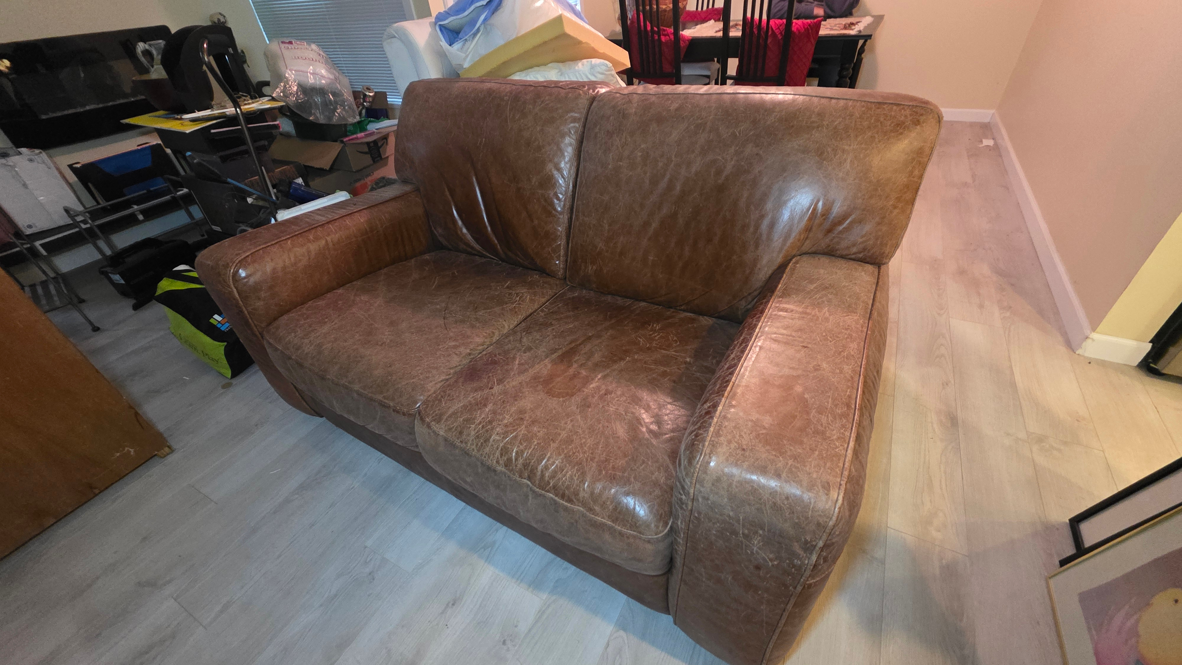 Vintage Distressed Brown Leather Loveseat – Deep Seating Comfort