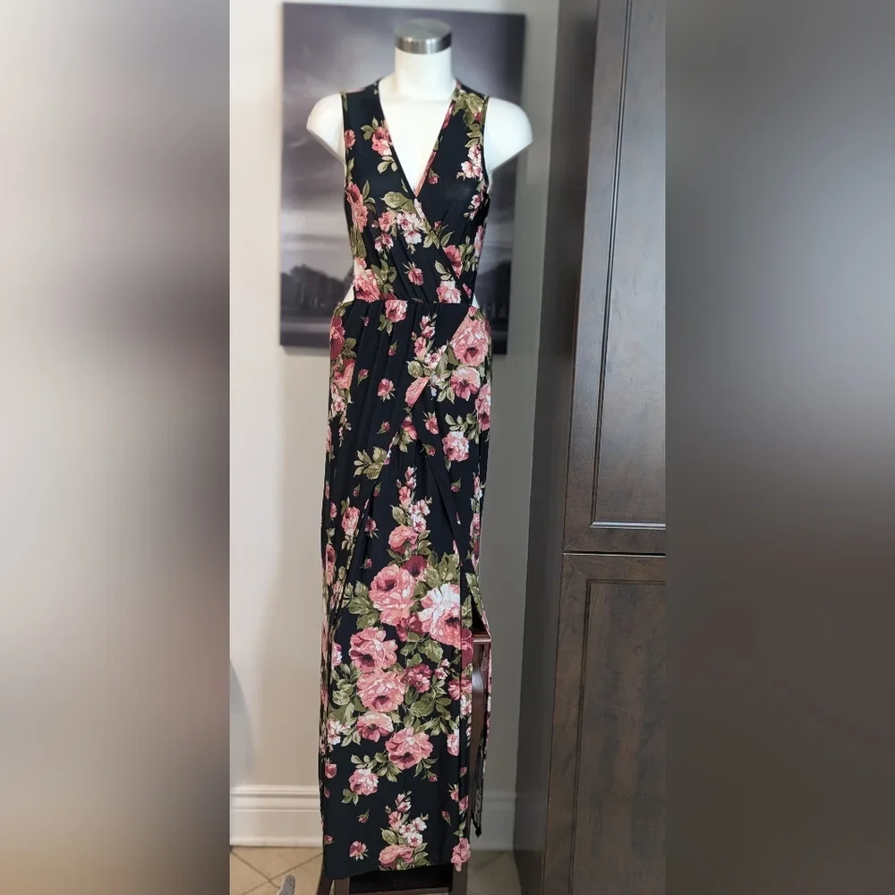 Black Floral Print Maxi Dress with Side Cutouts