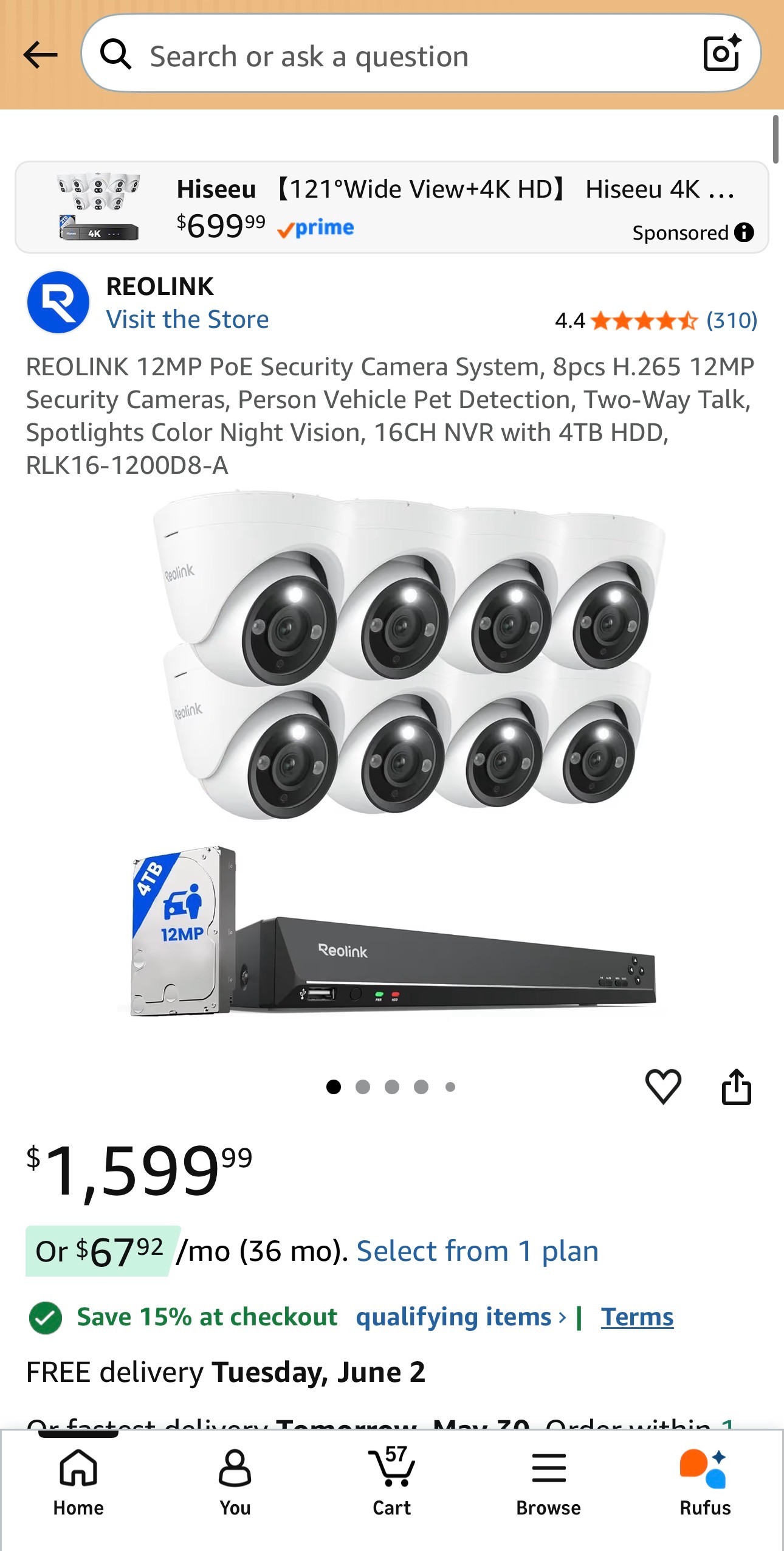 REOLINK 12MP AI Detect 16 Ch/4TB/NVR Security Camera Sys Night V