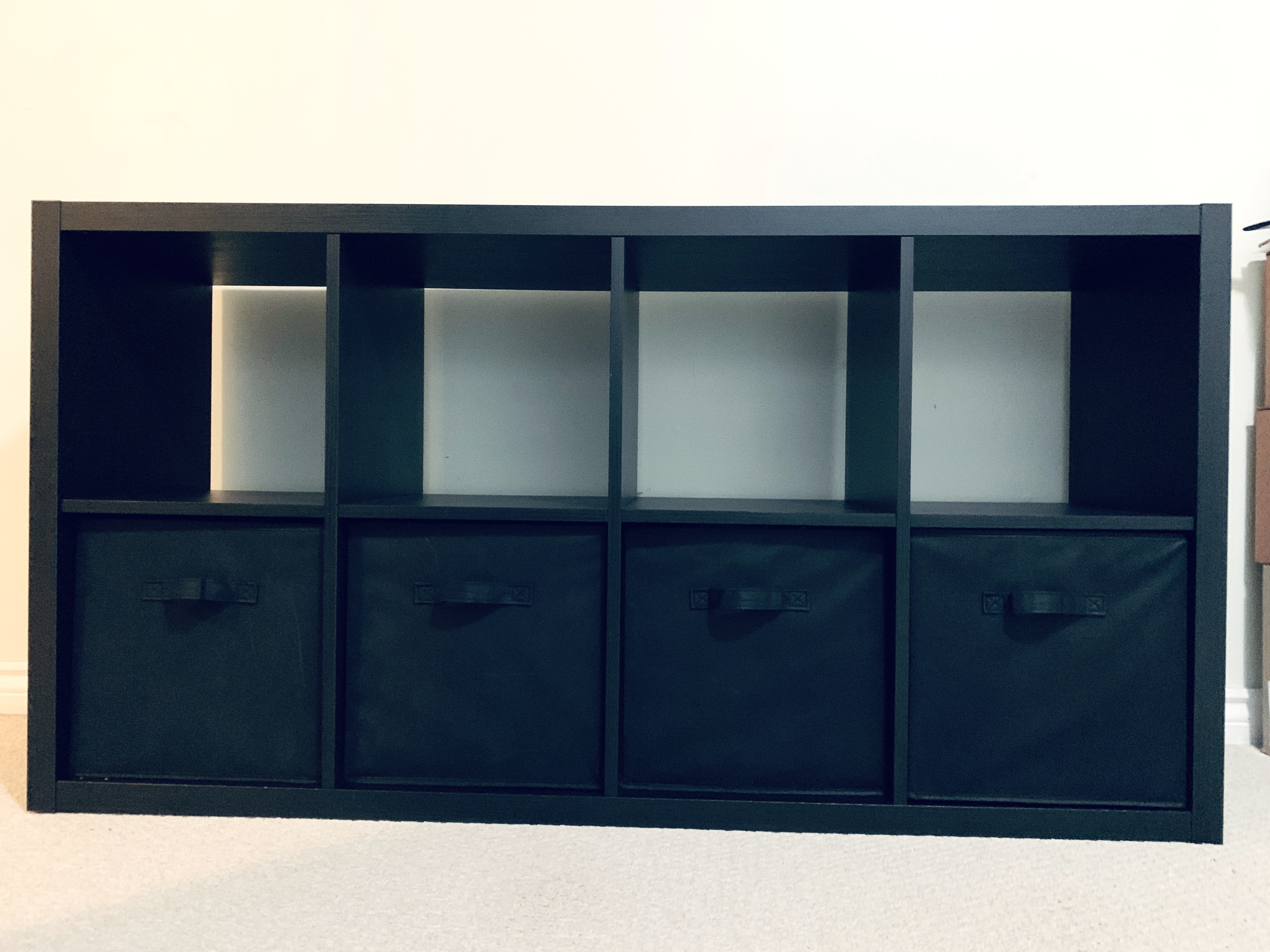 IKEA Shelf unit, KALLAX black-brown + 4 Cloth Storage bins