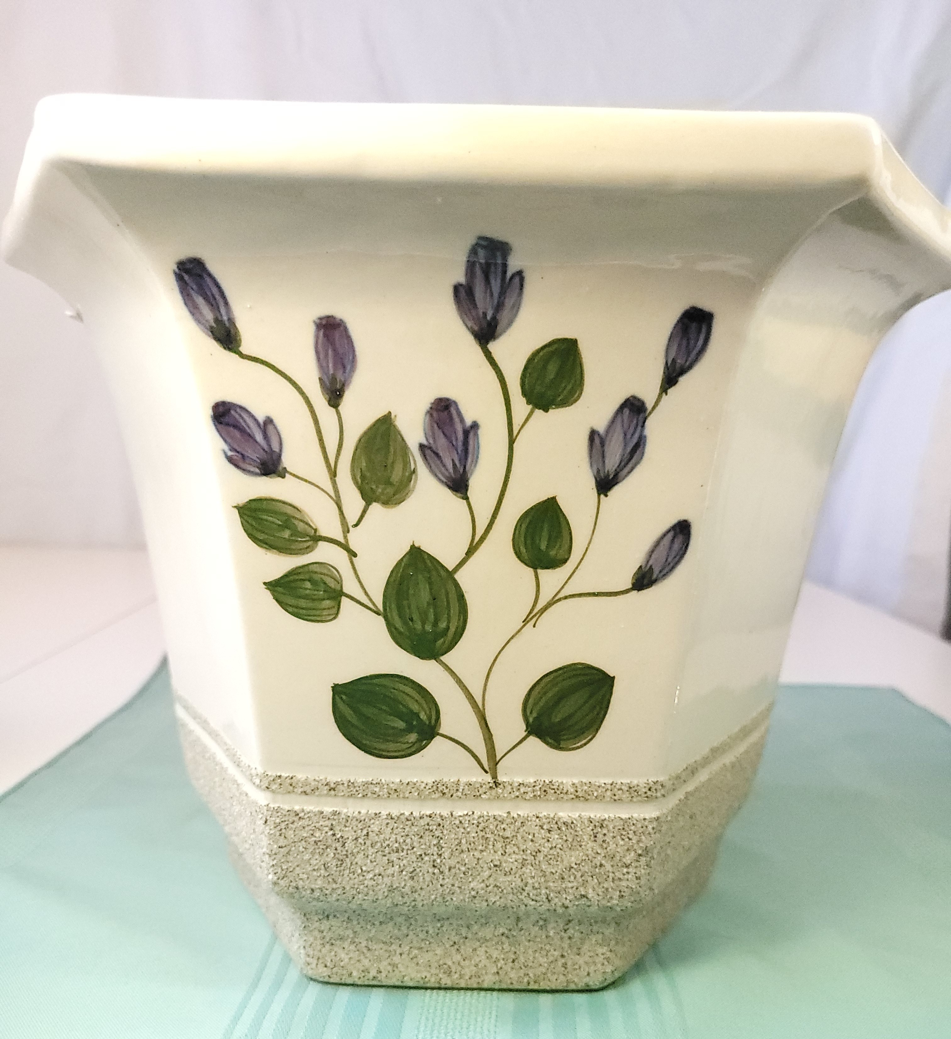 Large 11.5" Hexagonal Ceramic Planter Purple Floral 1980s Heavy