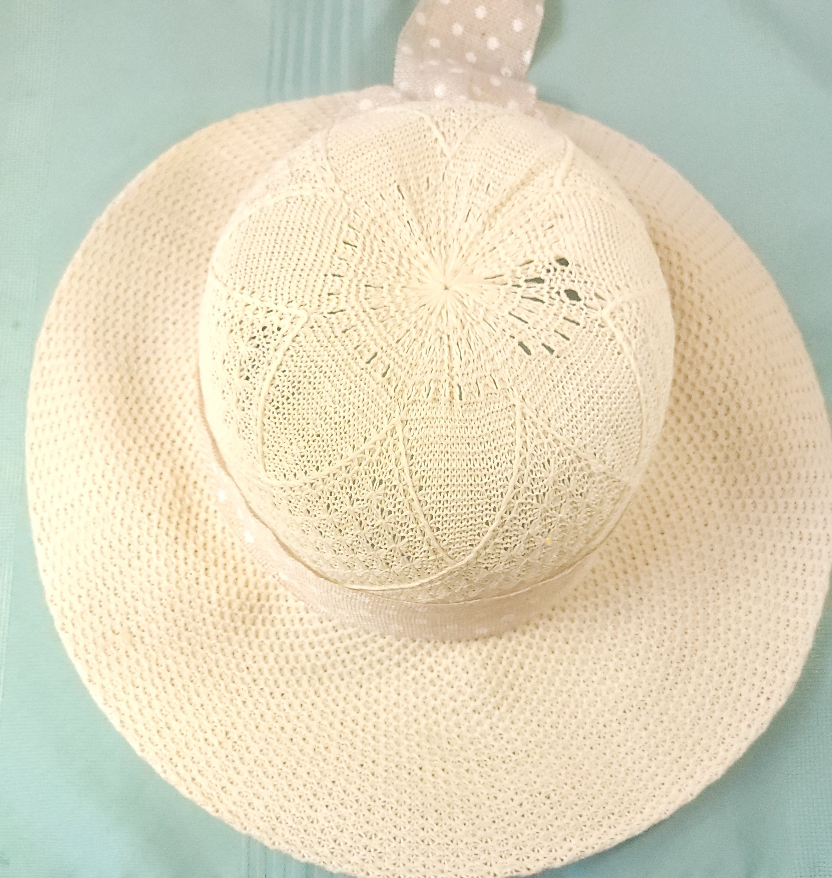 Circa 1990 Cream Open Crochet Knit Wide Brim Sun Hat Polka Dot - photo 2