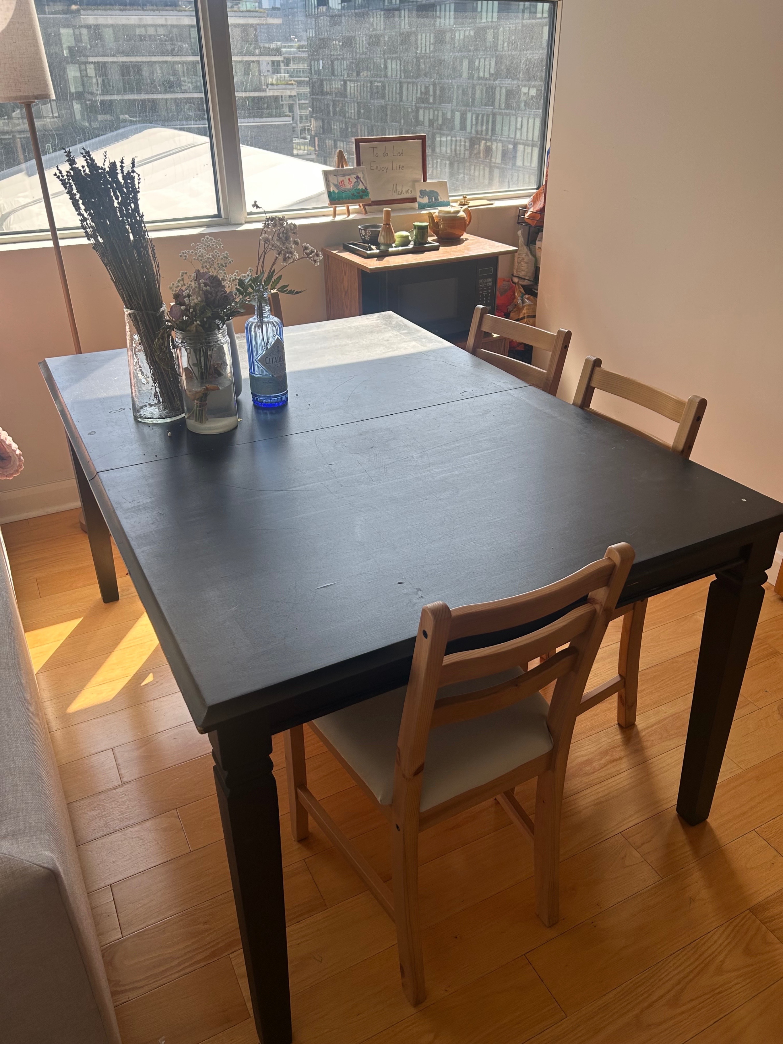 Wood dining table (5' x 7') with 4 wooden chairs