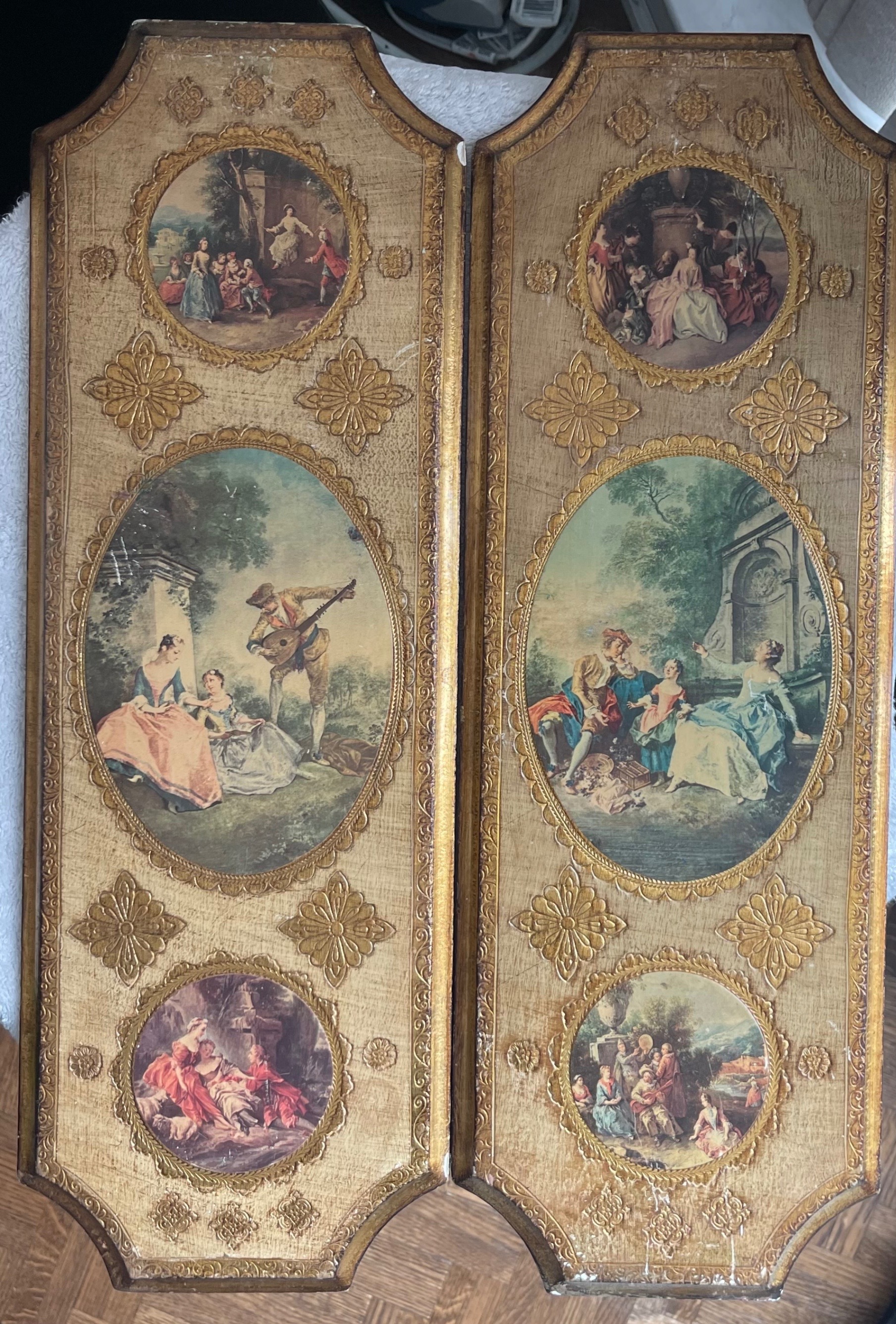 Large Pair of Vintage Italian Gold Gilt Florentine Wall Plaques