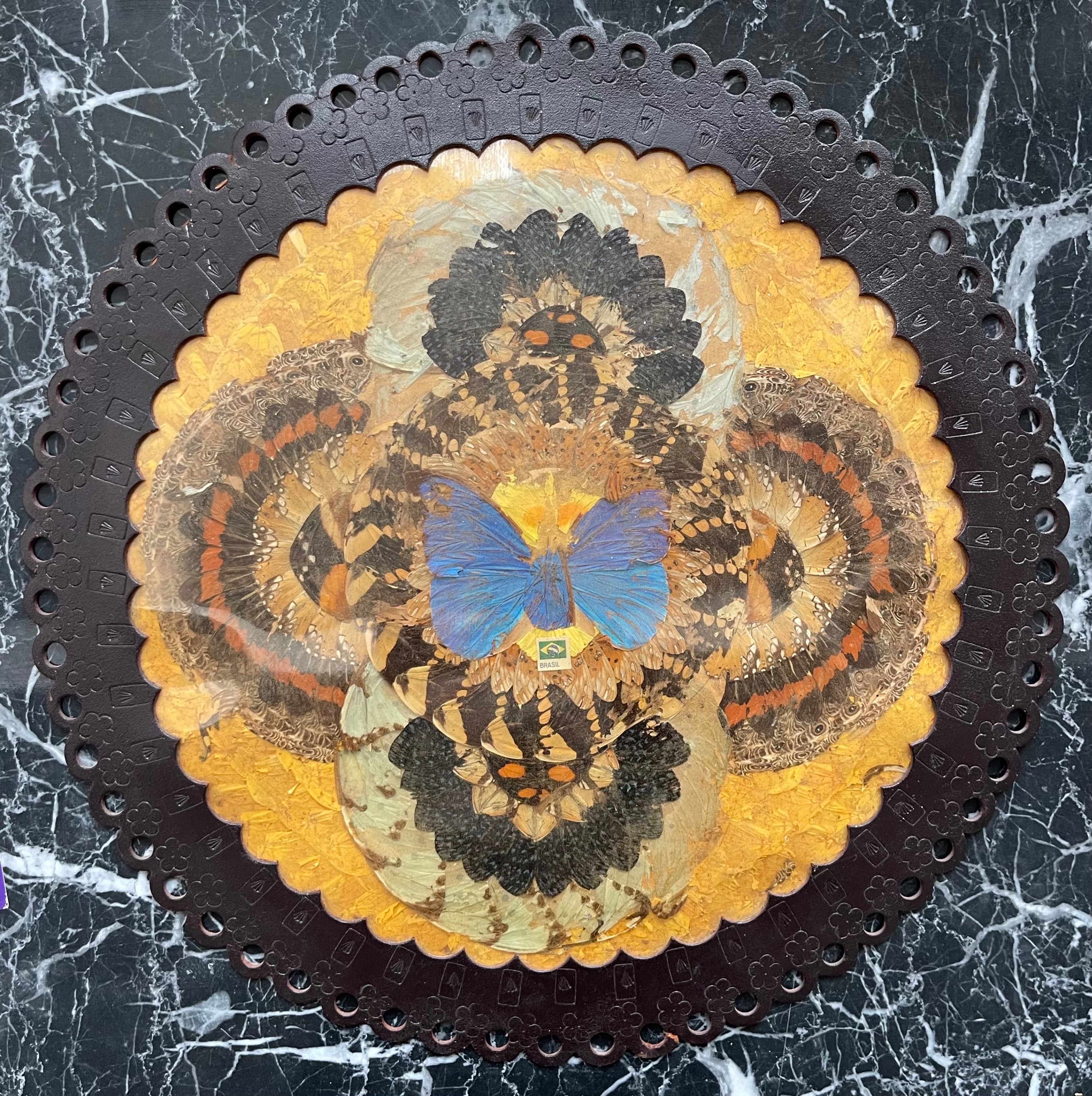 Large 18.5" Vintage Brazil Butterfly Wing Art (Leather Rim)